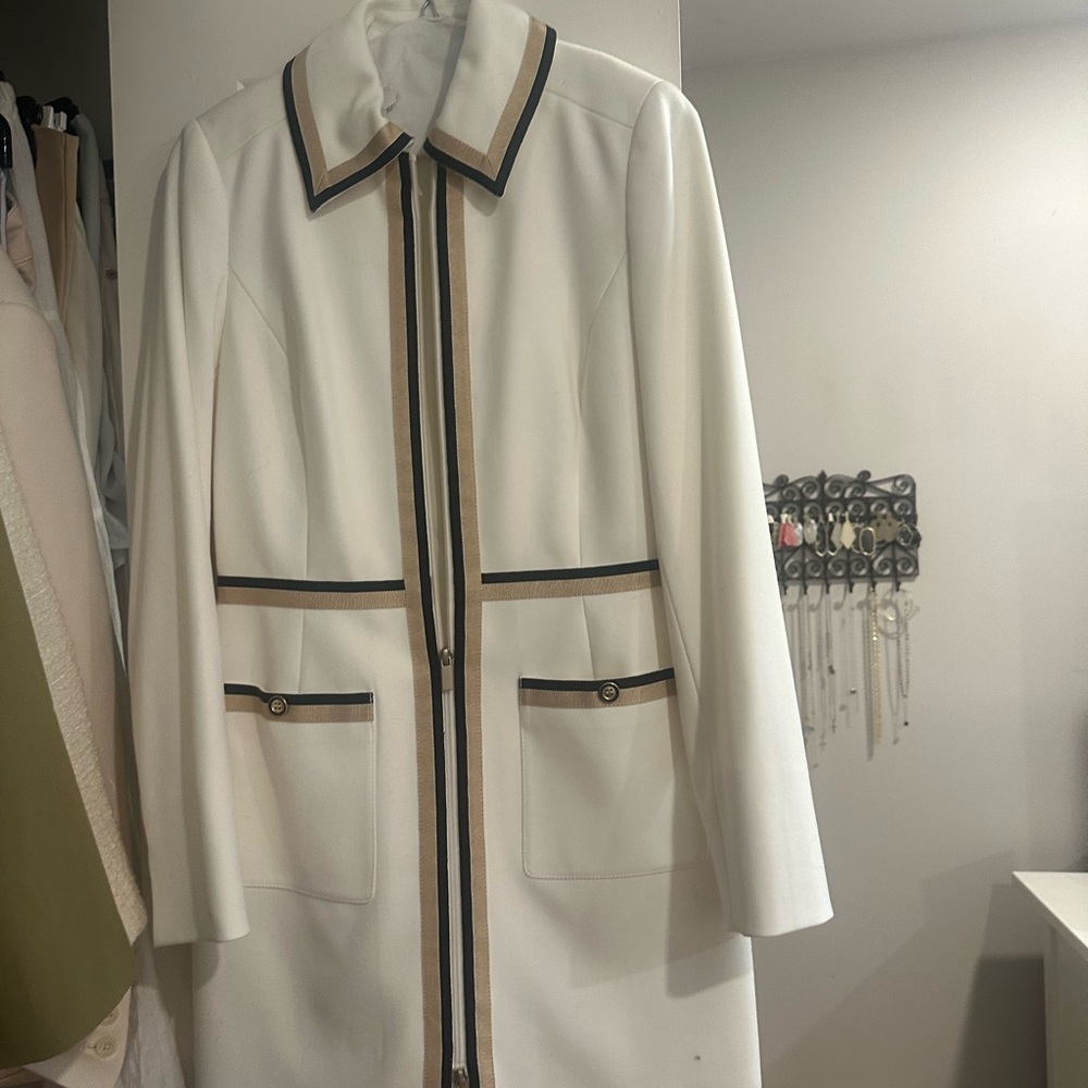 Etcetera White Trench Coat with Black and Tan Accents
